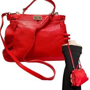 Borse in Pelle Handbag Shoulder Bag Satchel Red Pebbled Genuine Leather Italy